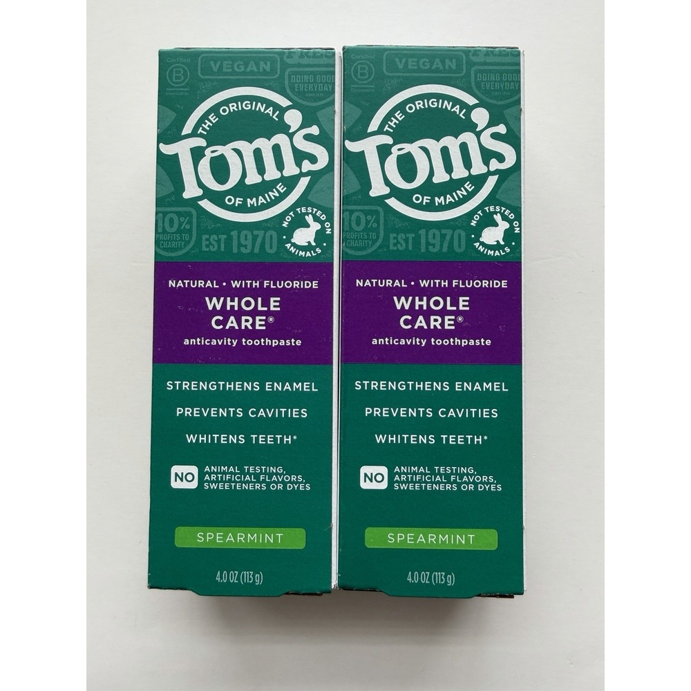 Tom's of Maine Whole Care Natural Toothpaste w/Fluoride Spearmint 4 Oz Lot of 2